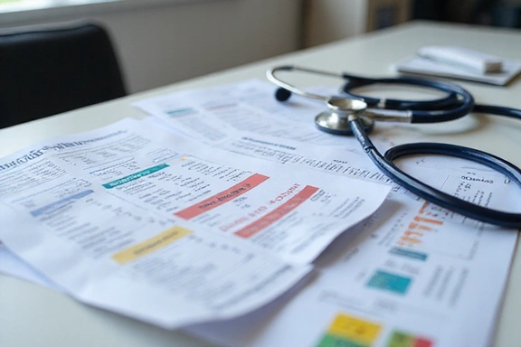 Mesa de doctor con documentos y gráficos nutricionales