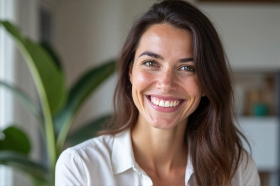 Mujer sonriendo mientras habla por videollamada con una nutricionista
