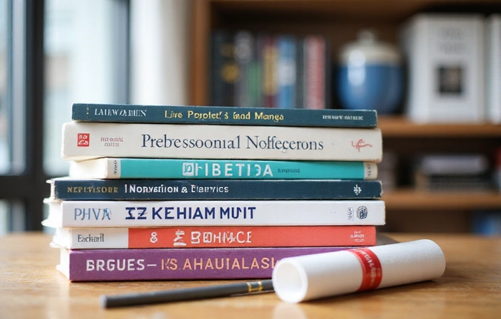 Diploma de nutrición y libros de dietética apilados